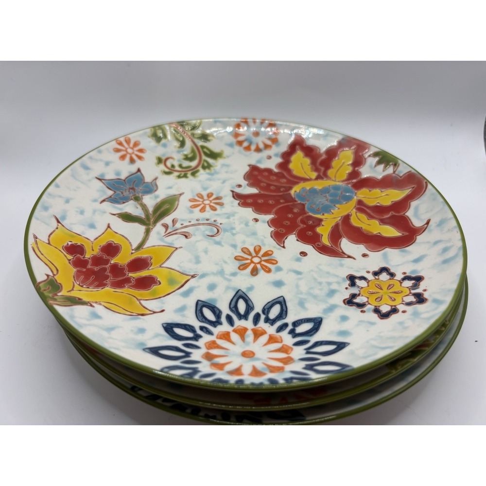 Dutch Wax Coastline Imports Hand Painted Floral Salad Plates 8.25" Set of 3